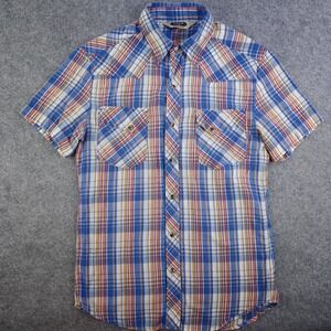 Salt Valley Western Shirt Mens Small Blue Plaid Short Sleeve Pearl Snap Cotton